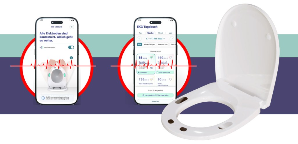 Illustration of a smart toilet seat and two smartphone screens showing an ECG measurement in progress and a heart activity log.