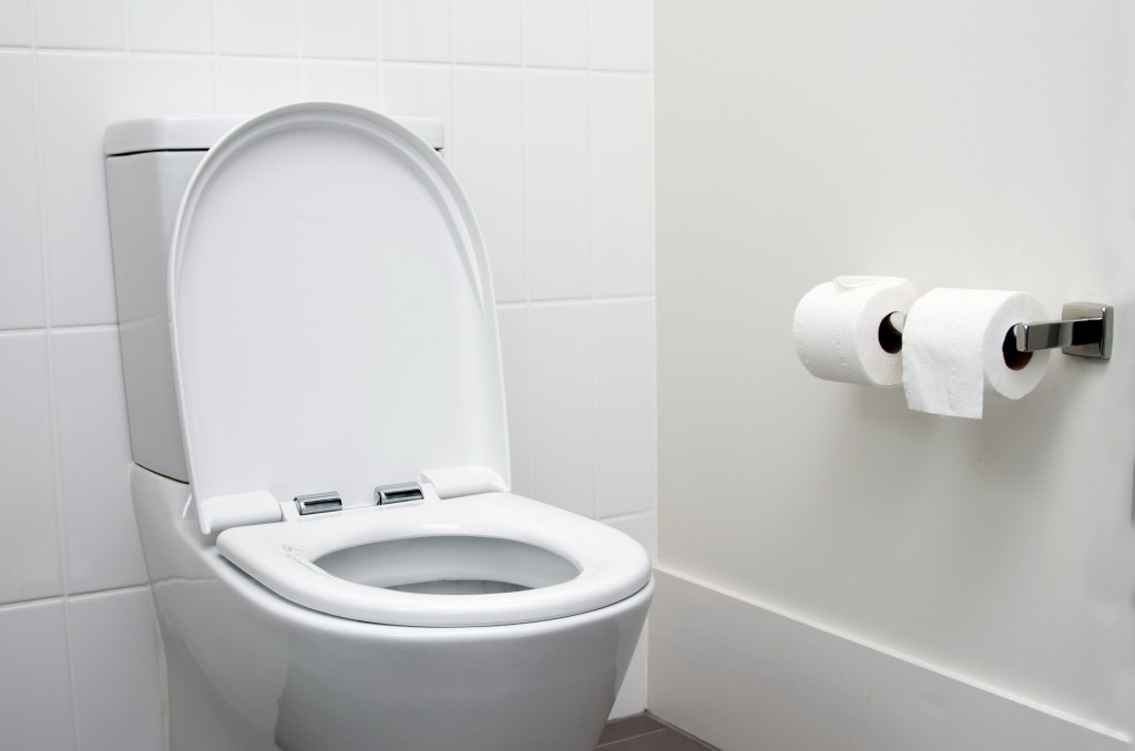 White toilet with the lid up and two rolls of toilet paper hanging on the wall.