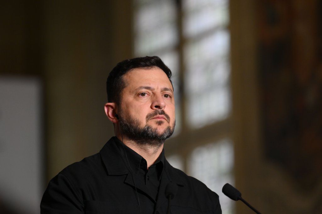 Ukrainian President Volodymyr Zelenskyy at a press conference.