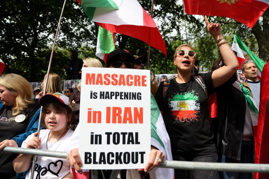 Anti-government protesters hold a rally outside the Embassy of the Islamic Republic of Iran in London, England, on May 3, 2026.
