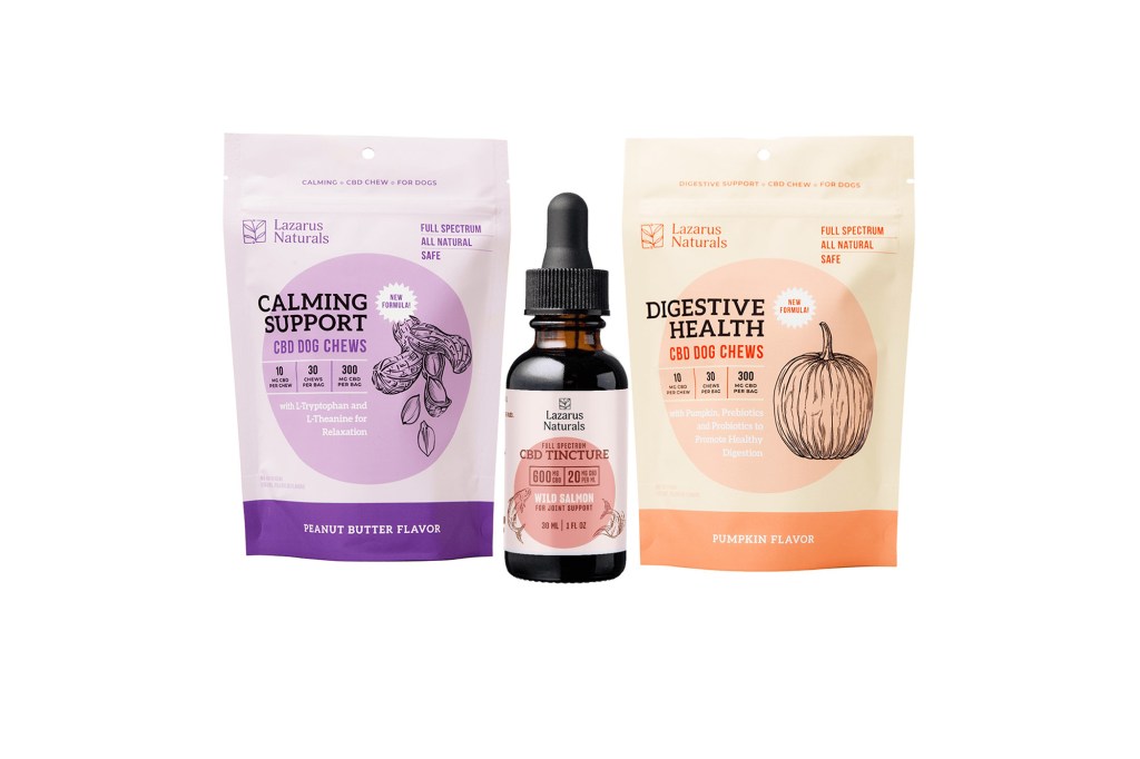 Lazarus Naturals CBD products for dogs: calming support chews, digestive health chews, and a CBD tincture.