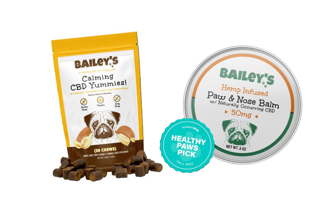 Two pet products: Bailey's Calming CBD Yummies and Bailey's Hemp Infused Paw & Nose Balm, with a "Healthy Paws Pick" award sticker.