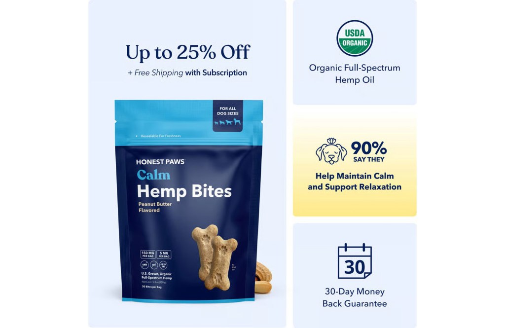 Honest Paws Calm Hemp Bites for dogs; up to 25% off with subscription.