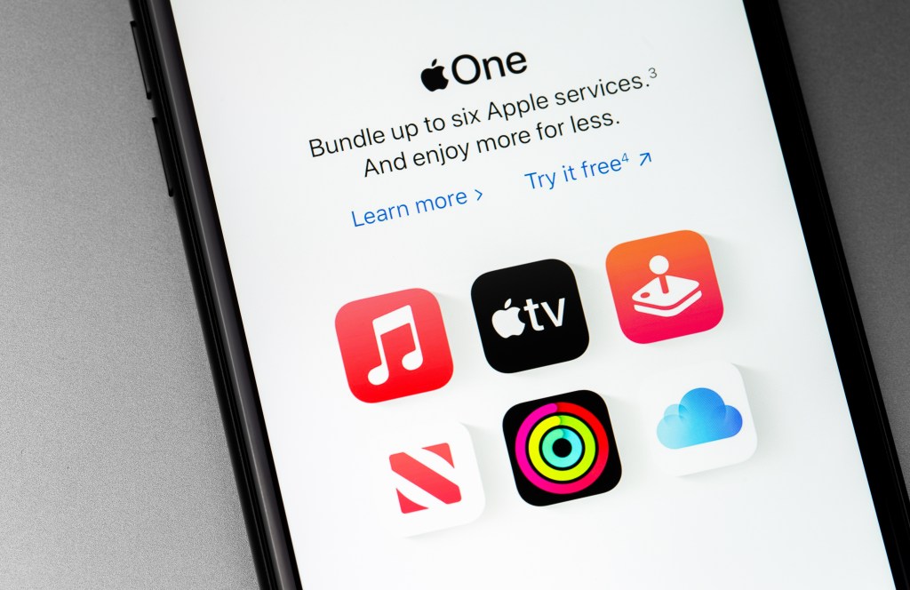 Apple One subscription service displayed on an iPhone screen, showing icons for various Apple services.