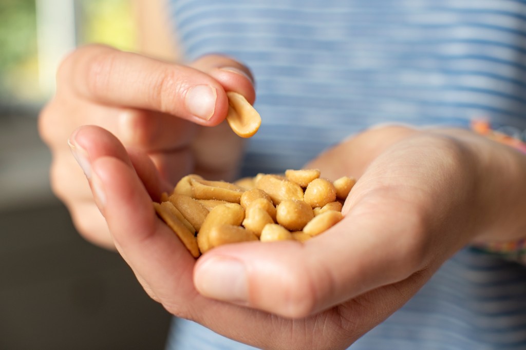 Close-up of a person holding a handful of salted peanuts, picking one up with their fingers.