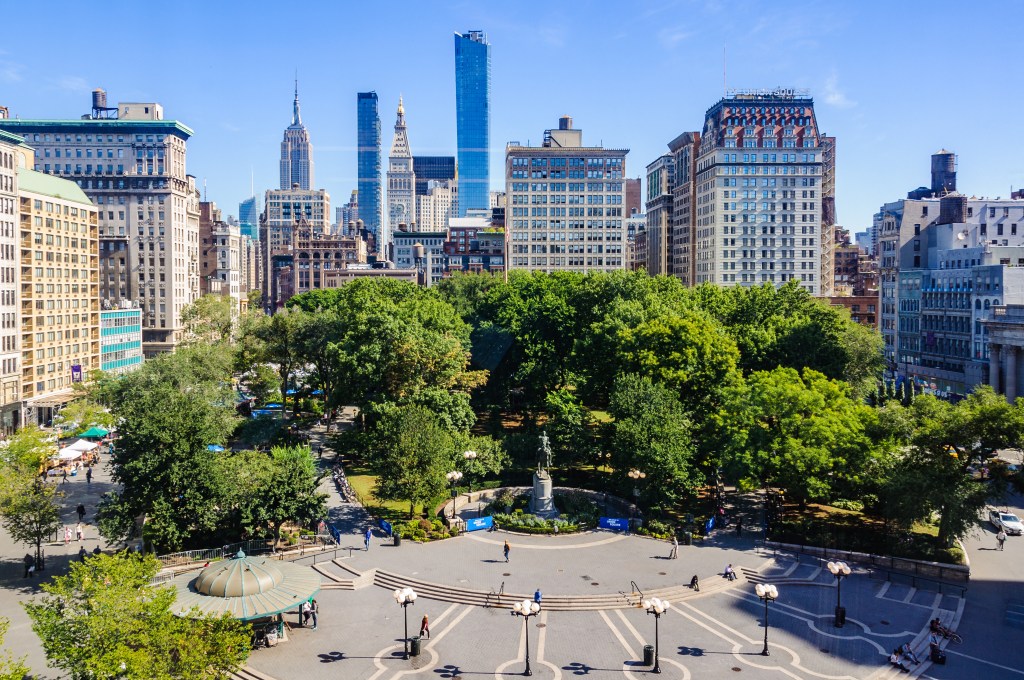 View of Union Square and the New York City skyline from a high vantage point.