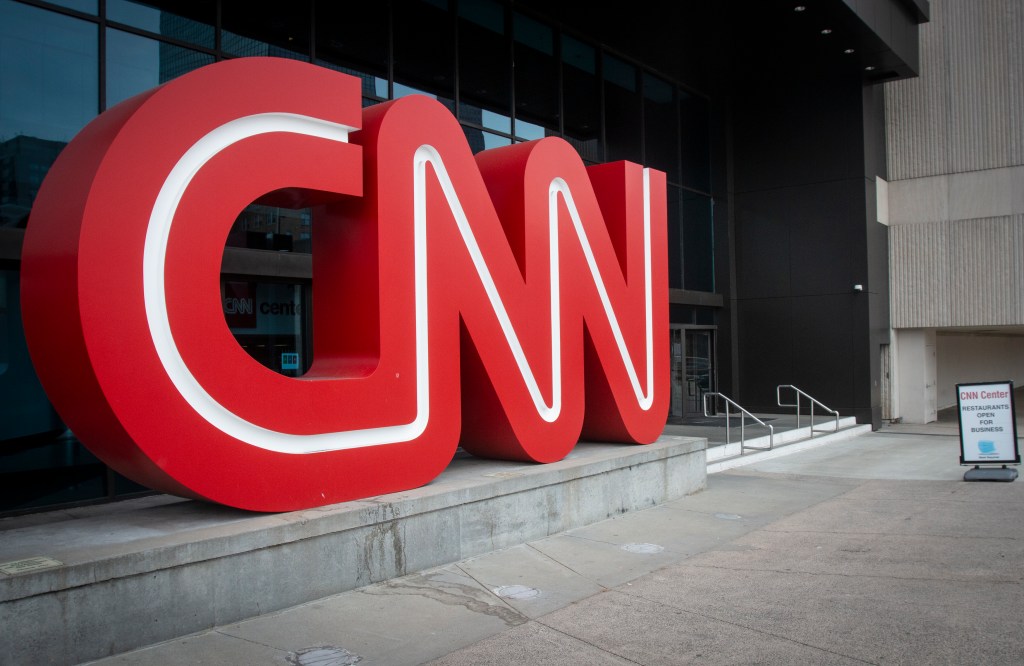 The red CNN logo displayed at the entrance to the CNN Center in Atlanta.