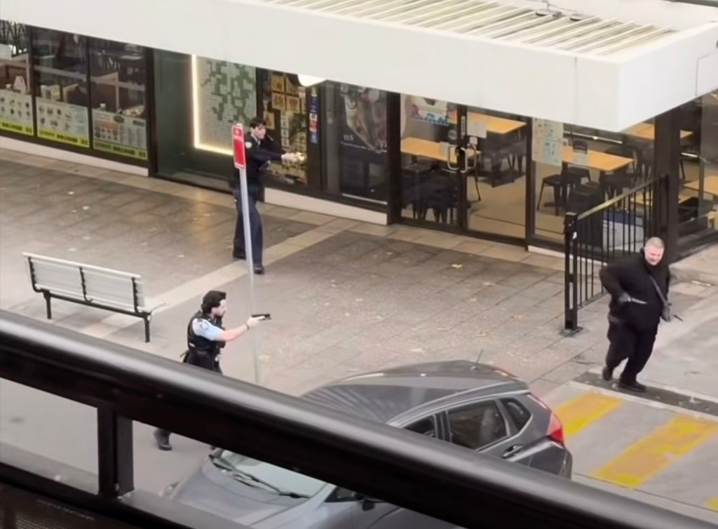 Two police officers with guns drawn apprehend a man holding two knives.