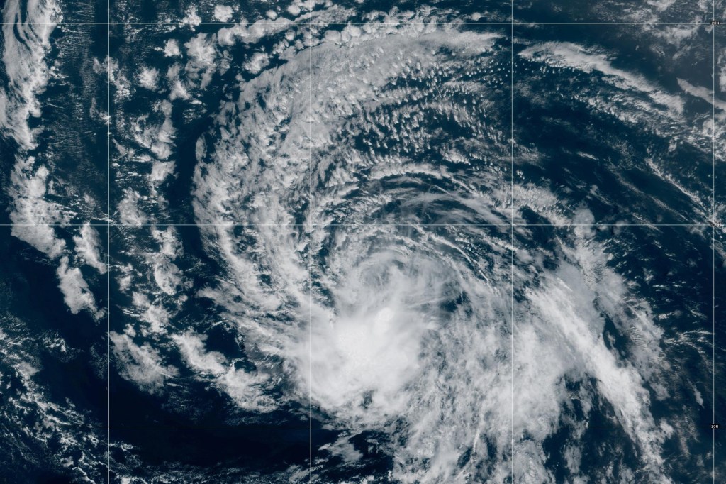 Satellite image of a tropical storm over the ocean.