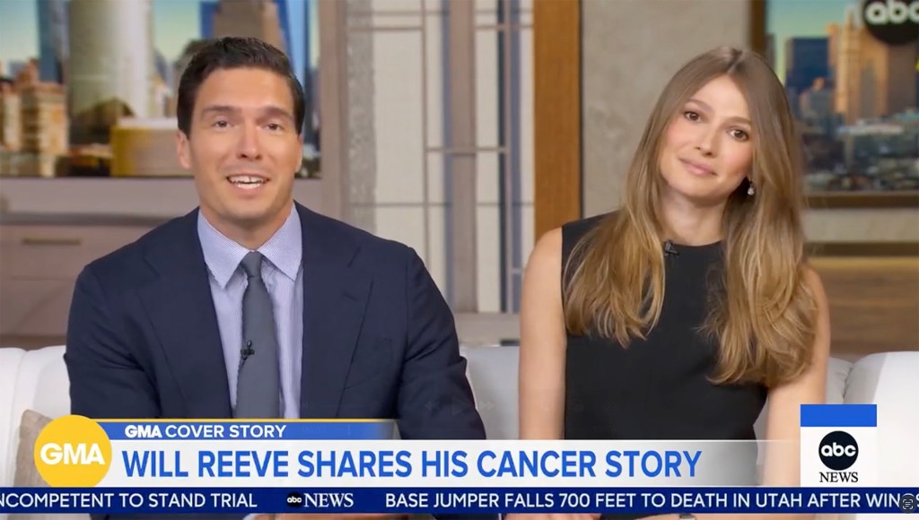 Will Reeve and an unnamed woman on a GMA segment titled "WILL REEVE SHARES HIS CANCER STORY."