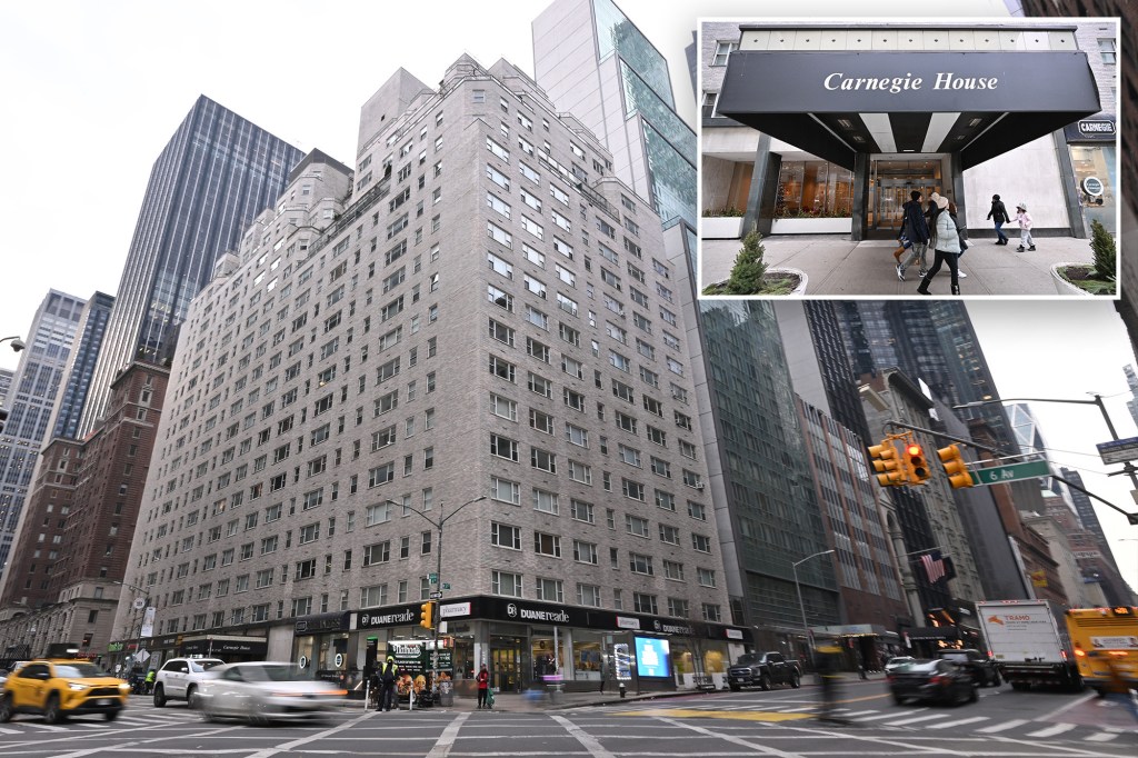 Collage of the Carnegie House building from multiple angles, along with a street view showing traffic and the building's entrance.