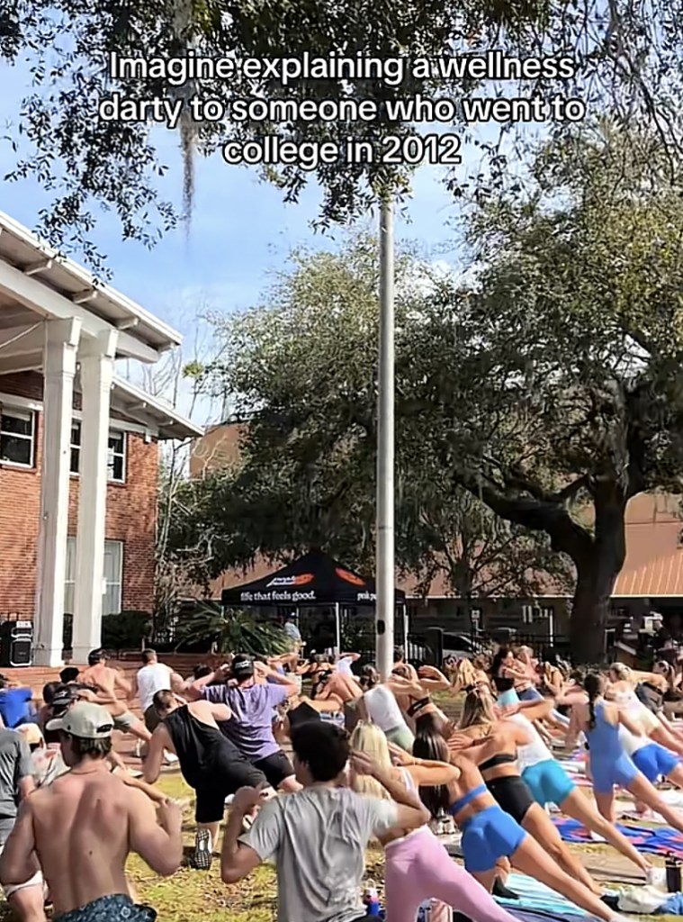 Gen Z college students doing outdoor yoga with the text "Imagine explaining a wellness darty to someone who went to college in 2012" superimposed.