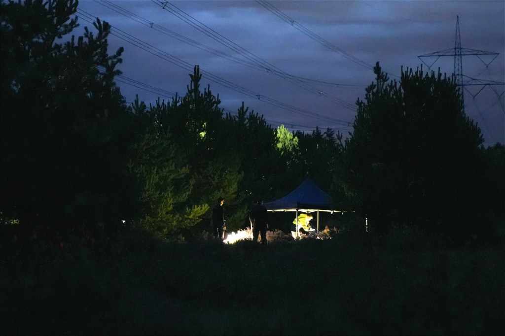 Police officers and THW personnel investigate a power line for explosive devices in Saxony.