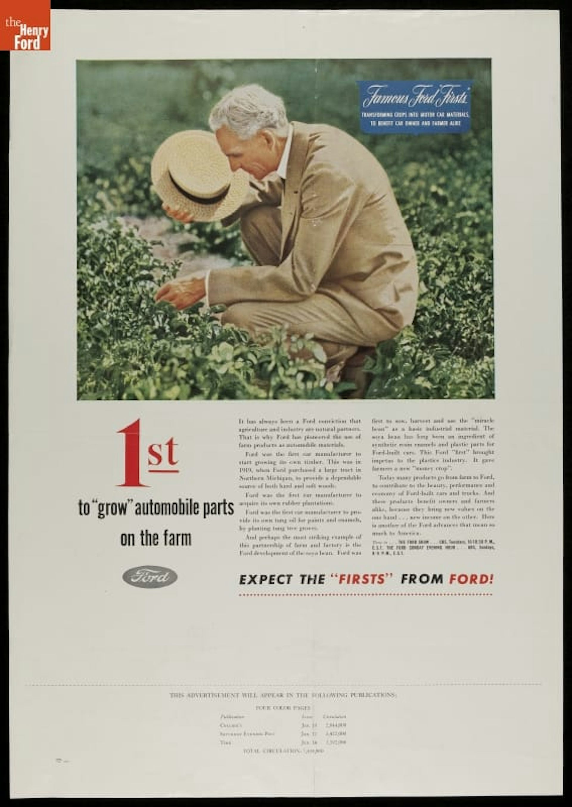 A magazine ad in the style of the 1940s shows a man in a tan suit holding a straw hat squatting down in a field to look at plants.