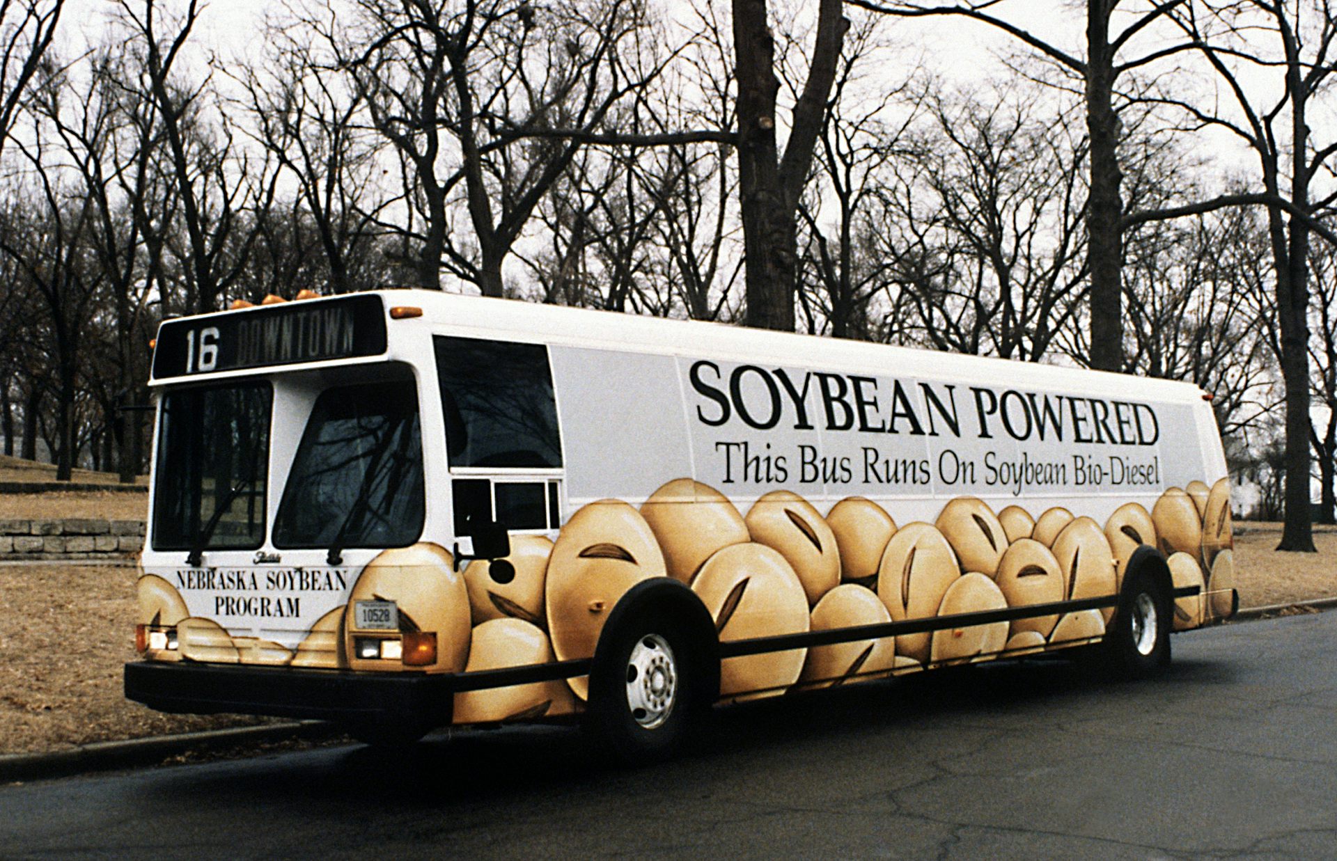 A bus carries a sign reading 'soybean powered.'