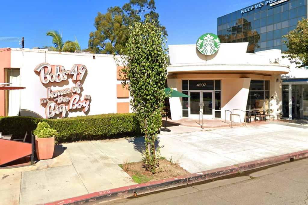 Exterior of a Starbucks with "Bob's 49 Home of the Big Boy" signage next to it.