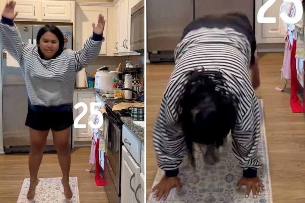 Collage of a woman working out in her kitchen, jumping in the first frame and in a downward dog pose with her toddler on her back in the second.