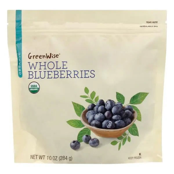 Frozen blueberries in a GreenWise bag.