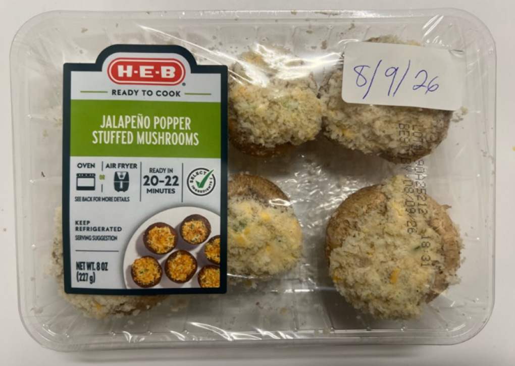 HEB Jalapeno Popper Stuffed Mushrooms in a plastic container with a label.