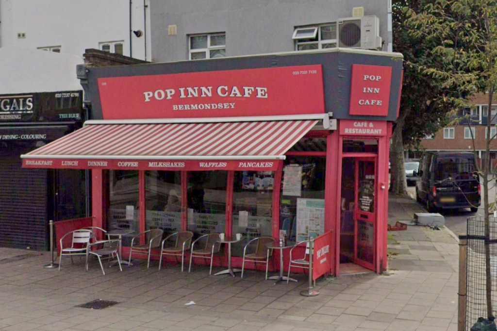 Exterior view of the Pop Inn Cafe in London, England.