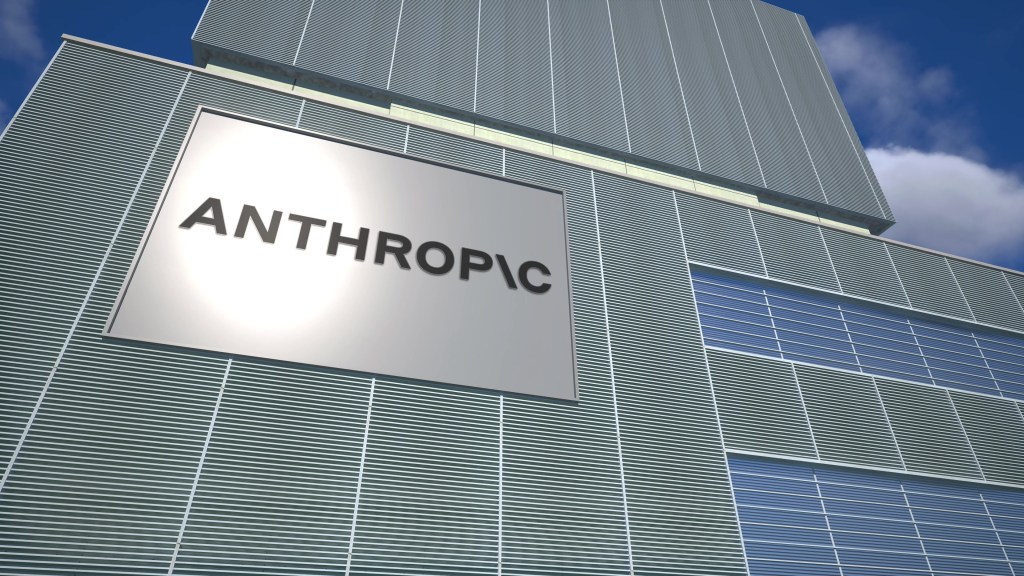 3D rendering of the Anthropic logo on the facade of an artificial intelligence research building.