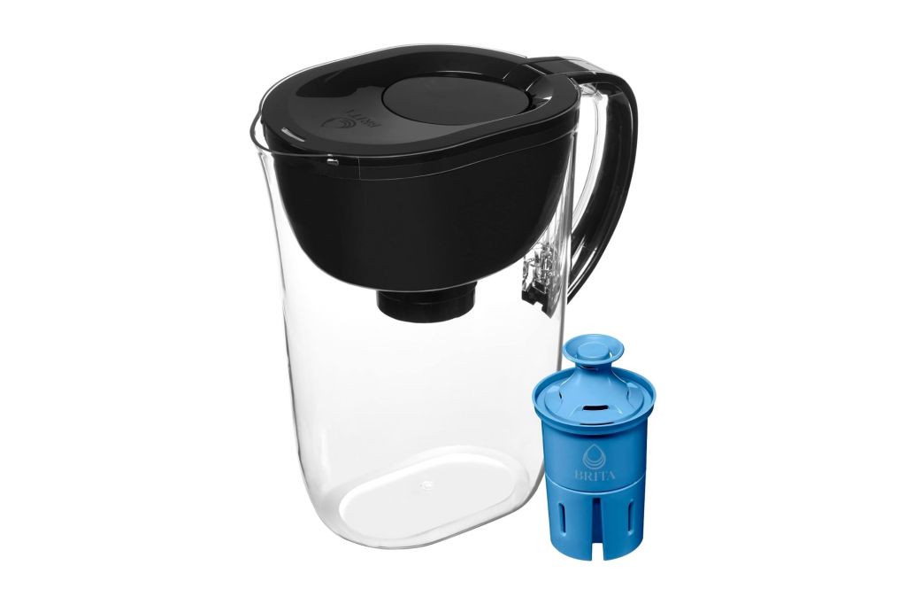 Brita water filter with black lid and elite filter by its side.