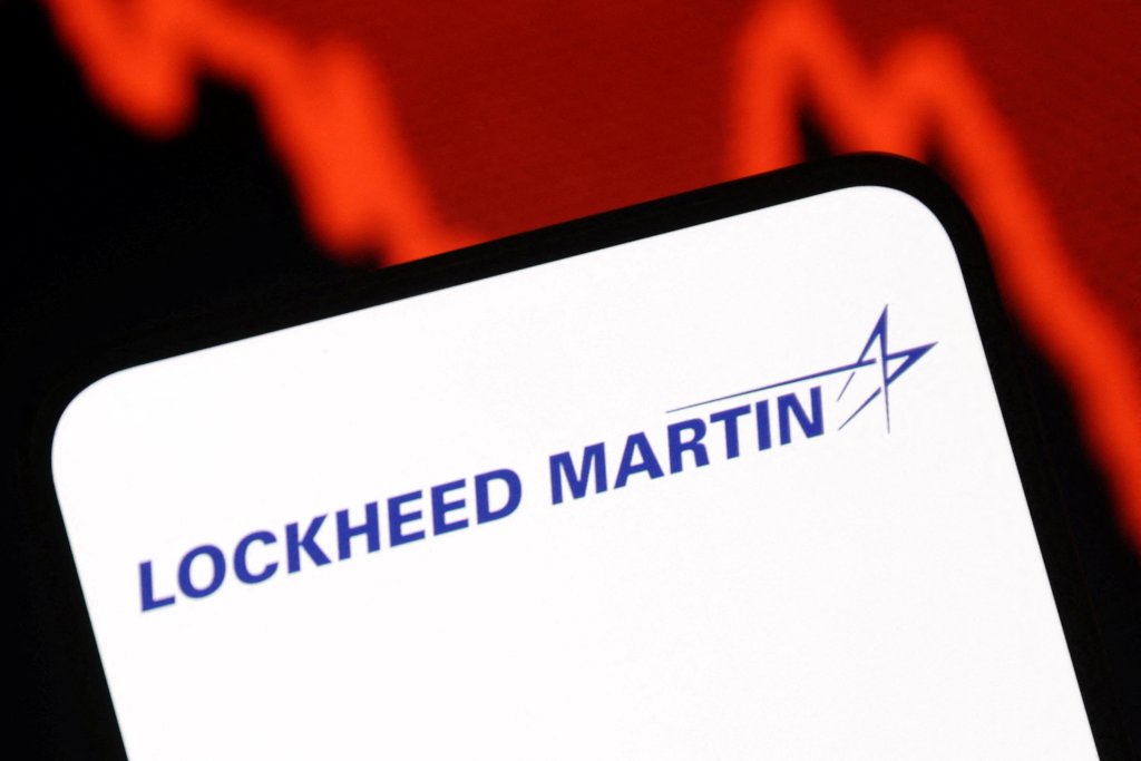 Illustration of a Lockheed Martin logo and a decreasing stock graph.
