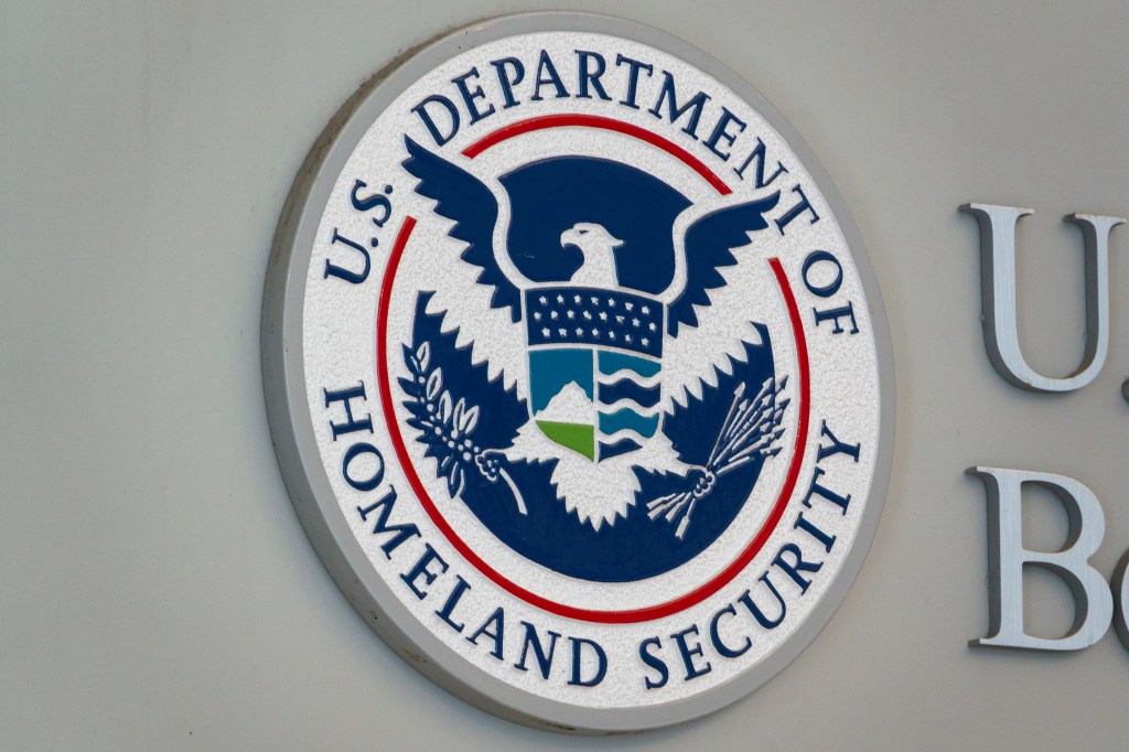 U.S. Department of Homeland Security sign at U.S. Customs and Border Protection Headquarters.