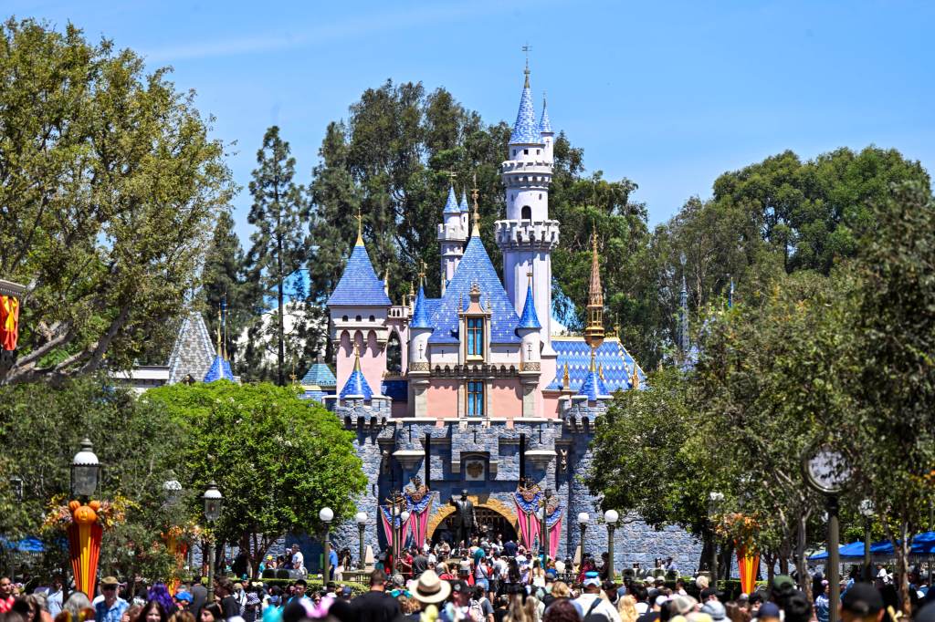 Sleeping Beauty Castle stands in Fantasyland at Disneyland.
