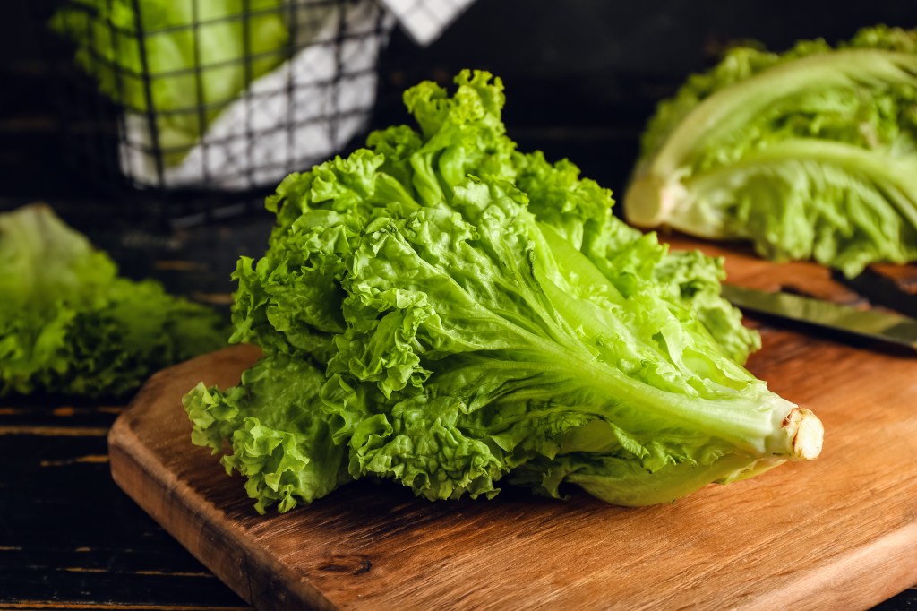 Fresh lettuce on a wooden board on a dark table.