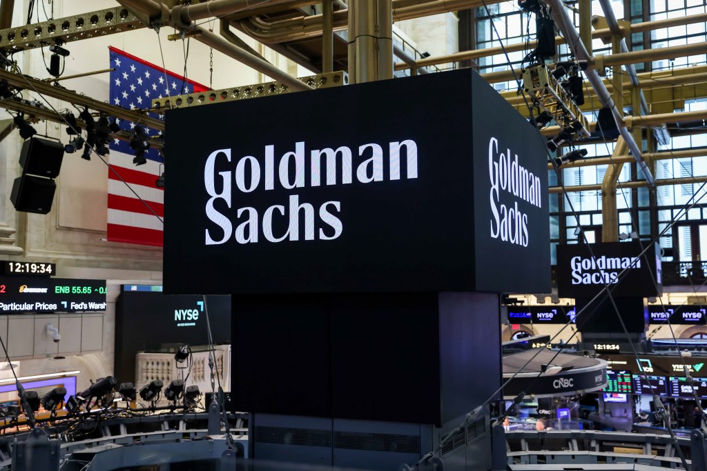 Goldman Sachs signage displayed on the trading floor of the New York Stock Exchange.