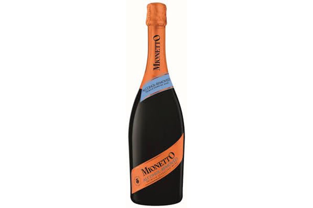 A bottle of Mionetto alcohol-removed sparkling wine against a white background.