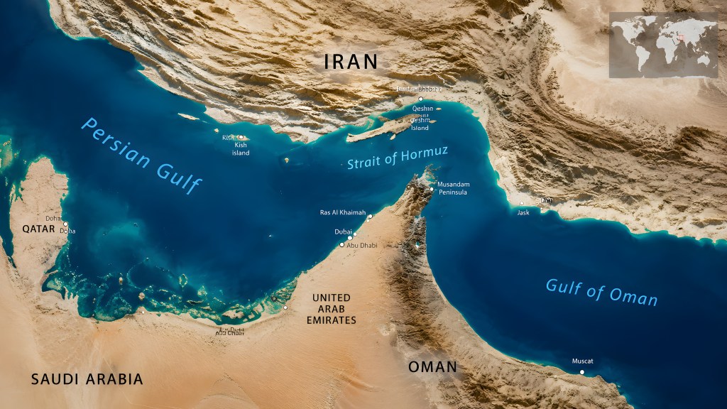 Satellite map of the Strait of Hormuz, connecting the Persian Gulf and the Gulf of Oman, bordered by Iran, the United Arab Emirates, and Oman.