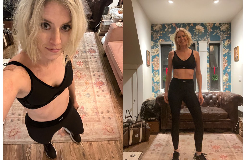 A woman in a Alo Yoga Airlift black yoga outfit