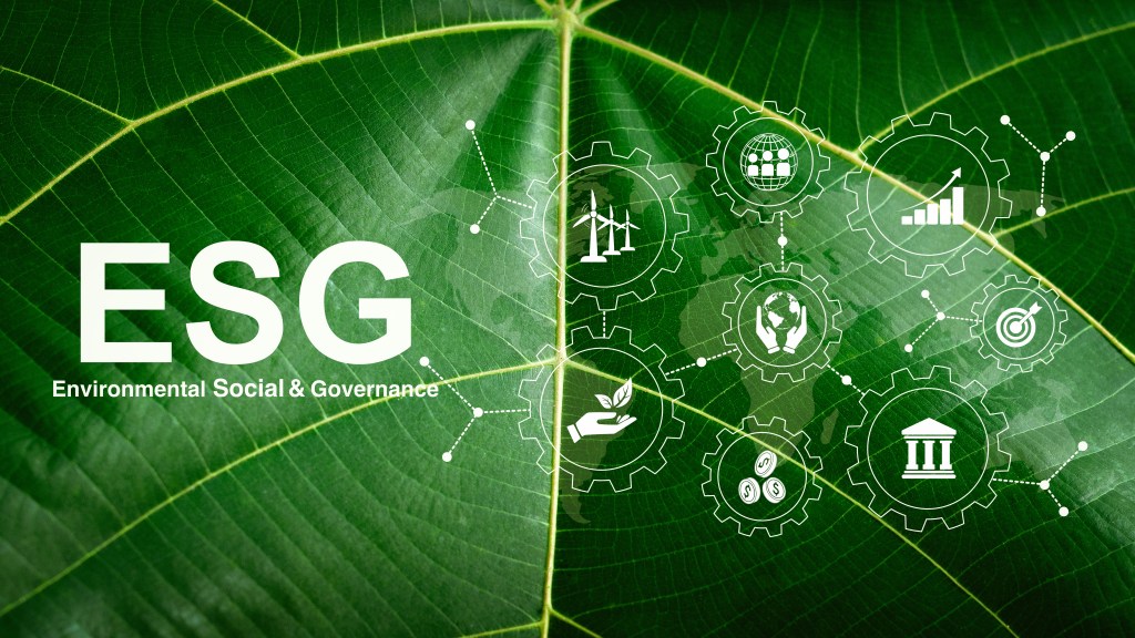 The word ESG and related icons are overlaid on a green leaf, representing sustainable development and green business.