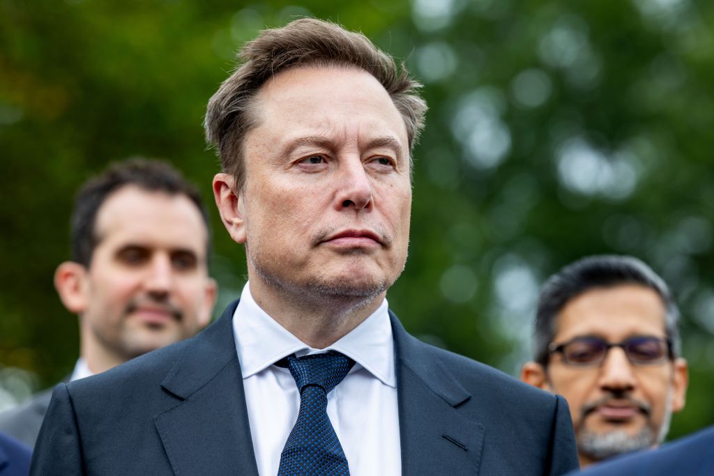 Elon Musk in a dark suit and blue tie stands outside the West Wing of the White House.