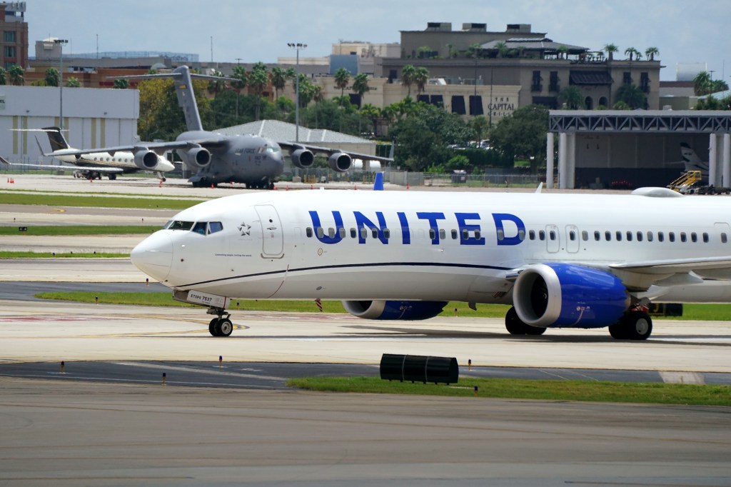A United Airlines airplane sits at Tampa International Airport.