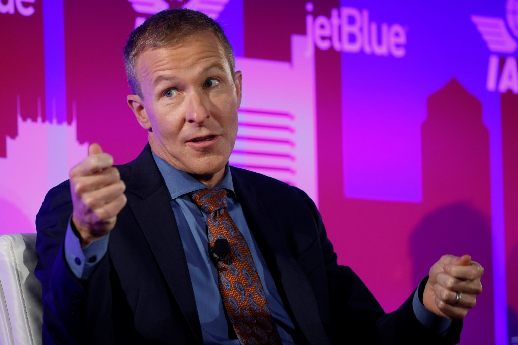 United Airlines CEO Scott Kirby speaks at a panel discussion during the International Air Transport Association's Annual General Meeting.